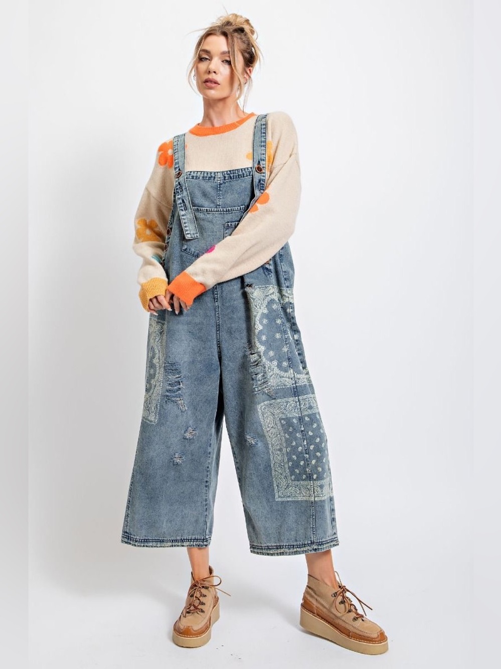 Wide-Leg Denim Overalls in Faded Blue
